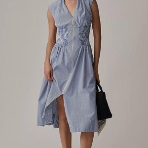 Light Blue Striped Zip-Front Midi Dress